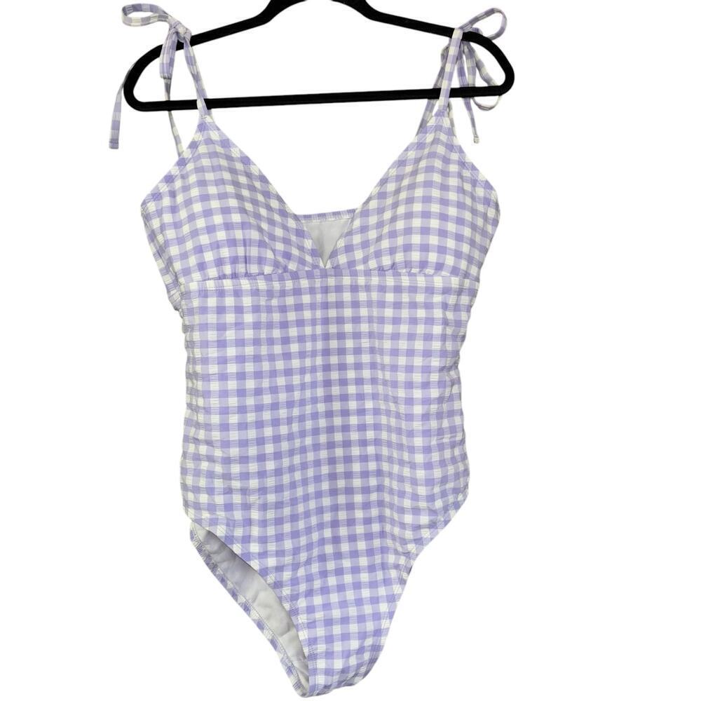NWT Kona Sol Purple Checked One Piece Bathing Suit Women’s XL Bow Adjustable
